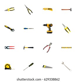 Realistic Spanner, Nippers, Carpenter And Other Vector Elements. Set Of Tools Realistic Symbols Also Includes Carpenter, Stationery, Chisel Objects.