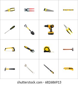 Realistic Spanner, Stationery Knife, Electric Screwdriver And Other Vector Elements. Set Of Instruments Realistic Symbols Also Includes Hammer, Electric, Knife Objects.