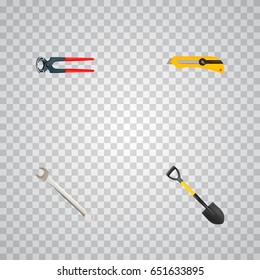 Realistic Spanner, Stationery Knife, Spade And Other Vector Elements. Set Of  Realistic Symbols Also Includes Shovel, Stationery, Wrench Objects.