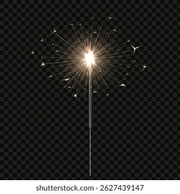 Realistic sparkler, burning candle with bright sparks and light effect. Fireworks for festive event. Firecracker icon. Transparent, black isolated background. Vector illustration.