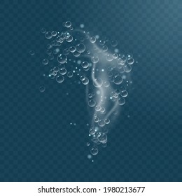 Realistic sparkling air bubbles in water. Bubbles fizzing under water. Transparent checkered background.