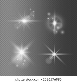 Efectos de luz brillantes realistas con bokeh. Estrella brillante sobre fondo transparente. Vector Luz Brillante destellos. Plantilla para fondos festivos, destacados, efectos mágicos, 