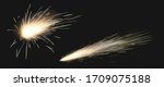 Realistic sparks of weld metal blade, firework petard flare, comet trail. Bright glowing sparkling light of electric circular saw, flying asteroid isolated on black background, 3d vector clip art