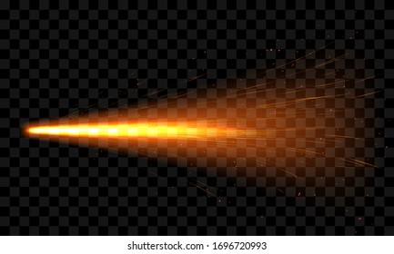 Realistic sparks of weld metal blade, firework petard flare, comet trail. Bright glowing sparkling light of electric circular saw, flying asteroid isolated on transparent background 3d vector clip art