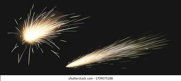 Realistic sparks of weld metal blade, firework petard flare, comet trail. Bright glowing sparkling light of electric circular saw, flying asteroid isolated on black background, 3d vector clip art