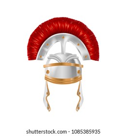 Realistic Spartan Ancient Greek, Roman helmet. Helm of the Gladiator's Warrior with a red cloth brush on top, a Trojan war, a silver protective headgear spartan helmet. Vector illustration isolated.