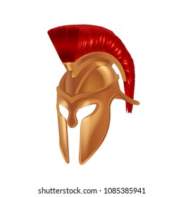 Realistic Spartan Ancient Greek, Roman helmet. Helm of the Gladiator's Warrior with a red cloth brush on top, a Trojan war, a bronze protective headgear spartan helmet. Illustration isolated.