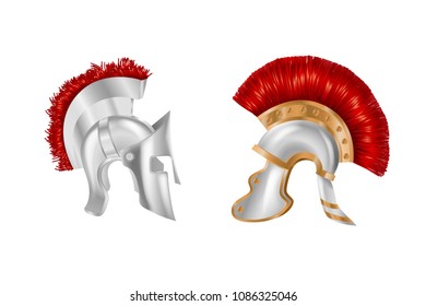 Realistic Spartan Ancient Greek, Roman helmet. Helm of the Gladiator's Warrior with a red cloth brush on top, a Trojan war, a silver protective headgear spartan helmet. Vector illustration isolated.