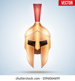 Realistic Spartan and Gladiator helmet. Warrior Attic Golden Helmet with horse crest. Front view. Vector Illustration