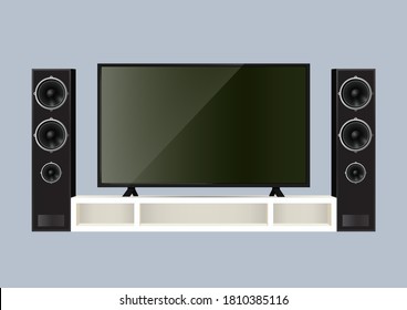 Realistic Speaker And Smart TV On The Table. Vector Illustration.