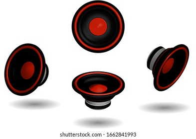 realistic speakers in black and red, 3D vector graphics