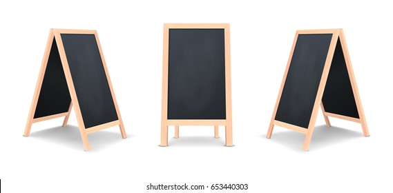Realistic special menu announcement board icon set. Vector clean restaurant outdoor blackboard background. Mockup of chalkboard for restaurant menu, isolated on white background. Front and side view.