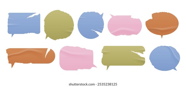 Realistic speech bubble set. Concept of communication, brainstorm, discussion. Vintage stickers with empty space for text. Template with wrinkled and distressed effect in a pop art style.	