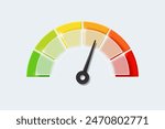 Realistic speedometer with arrows and glass dashboard indicators. Concept of speed, risk and rating levels. Vector illustration.