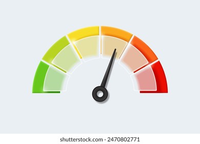 Realistic speedometer with arrows and glass dashboard indicators. Concept of speed, risk and rating levels. Vector illustration.