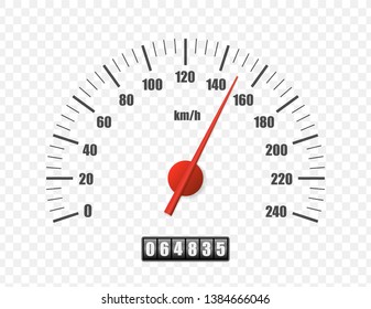 Realistic speedometer isolated on transparent background. Sport car odometer with motor miles measuring scale. Racing speed counter. Engine power concept template. Vector illustration