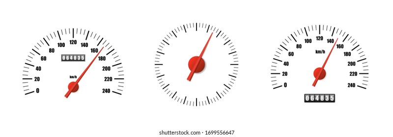 Realistic speedometer pack isolated on white background. Sport car odometer with motor miles measuring scale. Racing speed counter. Engine power concept template. Vector illustration