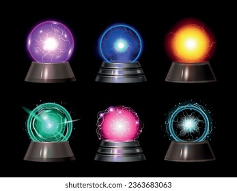 Realistic sphere magic crystal ball set with six isolated luminescent circles on stands on black background vector illustration