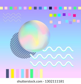 Realistic sphere. Technology, science background. Vector artwork. Retro, vintage 80s, 90s style. Blue, black, pink, yellow, beige, purple, green colors. Banner, print, wallpaper, web template