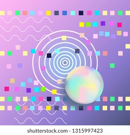 Realistic sphere. Technology, science background. Vector artwork. Retro, vintage 80s, 90s style. Blue, black, pink, yellow, beige, blue, purple, green colors. Banner, print, wallpaper, web template