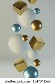 Realistic spheres and cubes. Abstract background of primitive geometric figures. Design element of 3d golden and blue ball and box. Vector