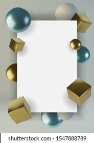 Realistic spheres and cubes. Abstract background of primitive geometric figures. Design element of 3d golden and blue ball and box. Vector