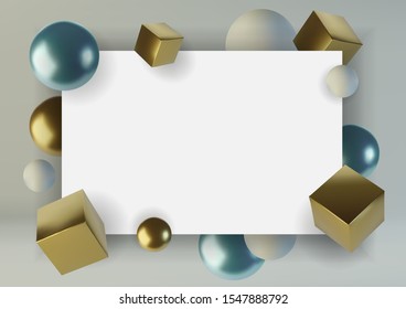 Realistic spheres and cubes. Abstract background of primitive geometric figures. Design element of 3d golden and blue ball and box. Vector