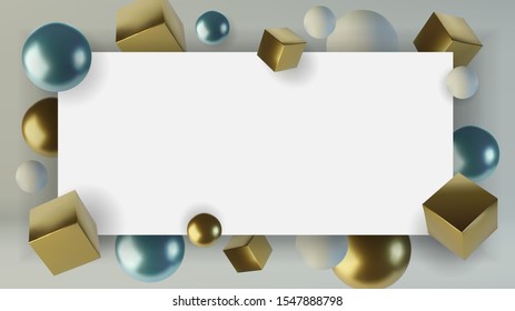 Realistic spheres and cubes. Abstract background of primitive geometric figures. Design element of 3d golden and blue ball and box. Vector illustration
