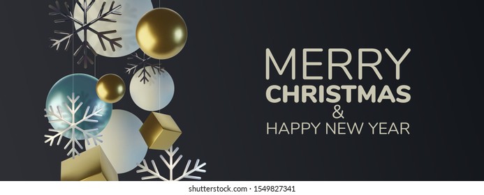 Realistic spheres and cubes. Abstract background of primitive geometric figures. Realistic 3d illustration of shimmering metallic snowflake. Greeting card, invitation happy Christmas.