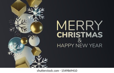 Realistic spheres and cubes. Abstract background of primitive geometric figures. Realistic 3d illustration of shimmering metallic snowflake. Greeting card, invitation happy Christmas.