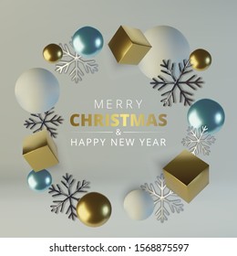 Realistic spheres and cubes. Abstract background of primitive geometric figures. Realistic 3d illustration of shimmering metallic snowflake. Greeting card, invitation happy New year 2020 and Christmas