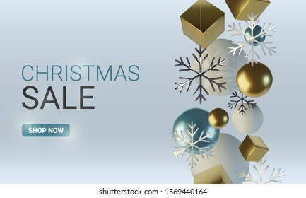 Realistic spheres and cubes. Abstract background of primitive geometric figures. Realistic 3d illustration of shimmering metallic snowflake. Greeting card, invitation happy New year 2020 and Christmas