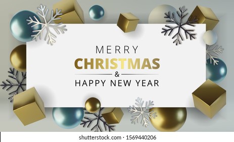 Realistic spheres and cubes. Abstract background of primitive geometric figures. Realistic 3d illustration of shimmering metallic snowflake. Greeting card, invitation happy New year 2020 and Christmas