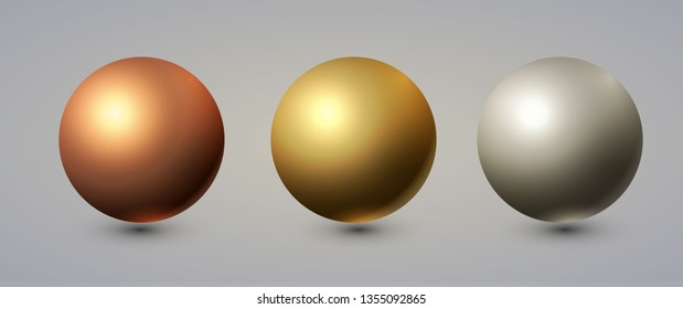 Realistic Spheres Set with Reflection. Gold, Copper, Silver.