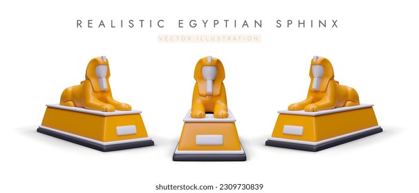 Realistic Sphinx of Giza from different angles. Set of Egyptian mythical creature figures. World architectural monument. Famous statue. Color 3D icons for travel application