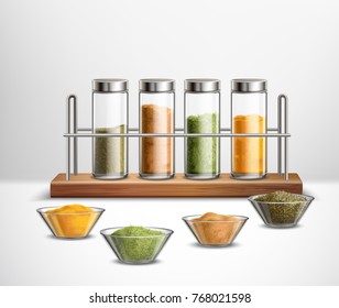 Realistic spices in bowls and glass jars on wooden shelf composition on white background vector illustration