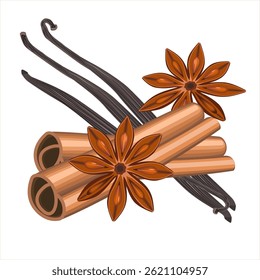 Realistic spices for Christmas mulled wine. Christmas scent cinnamon, vanilla pods and anise spices set isolated on white background. Vector illustration EPS 10