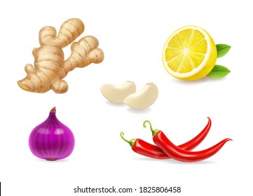 Realistic spices set. Ginger, lemon, red onion, garlic and chilli pepper isolated vector illustration