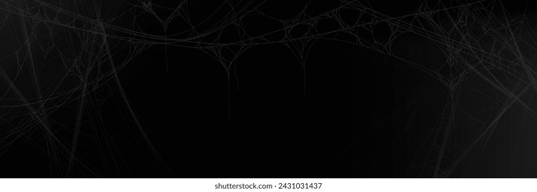 Fondo realista de la tela de araña para el concepto de halloween. Vector de miedo espeluznante telaraña en el fondo negro. Textura de decoración espeluznante con línea de hilo pegajoso delgado blanco en la oscuridad. Trampa de arácnidos para insectos