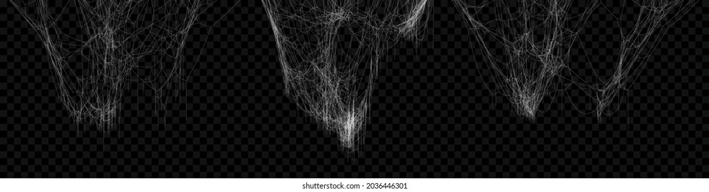 Realistic spider web set. Hanging cobweb for halloween design. Vector illustration