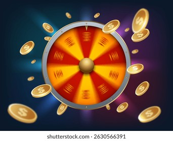 Realistic spinning prize wheel with flying golden coins and glowing light effects. Perfect for online casino games, lucky spins, or promotional reward events
