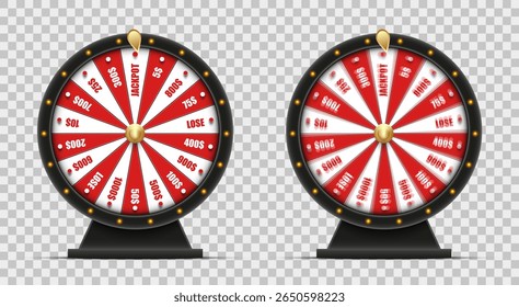 Realistic spinning prize wheel vector set with jackpot and cash prizes on transparent background