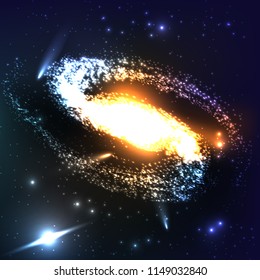 Realistic spiral galaxy in open space. Cosmic scene on dark sky. Milky Way, comet and shine stars. 