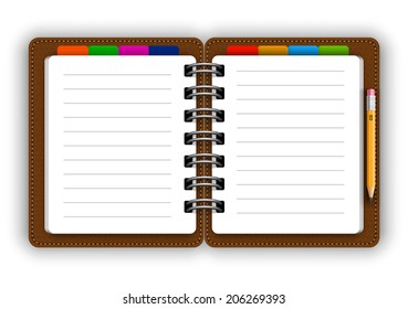 Realistic spiral leather notebook with bookmarks and detailed pencil vector