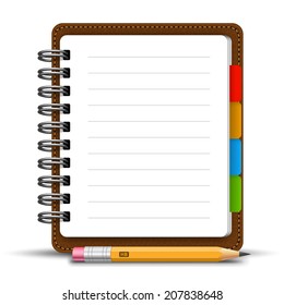 Realistic spiral leather notebook with bookmarks and detailed pencil stay on white background. Vector illustration