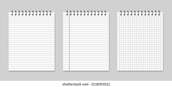 Realistic spiral notebook mockup. Collection various white papers for your text. Blank pages of notepad with margins isolated on gray background. Realistic square vector illustration.