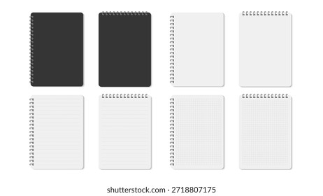 Realistic Spiral Notebook Mockup Set – Blank Black and White Diary Covers with Lined and Grid Paper Pages, Ring Binder Notebook Vector Illustration