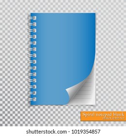 Realistic spiral notepad blank with cornered sheet of paper mock up on transparent background. Vector.