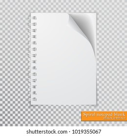 Realistic spiral notepad blank with cornered sheet of paper mock up on transparent background. Vector.