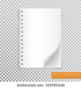 Realistic spiral notepad blank with cornered sheet of paper mock up on transparent background. Vector.